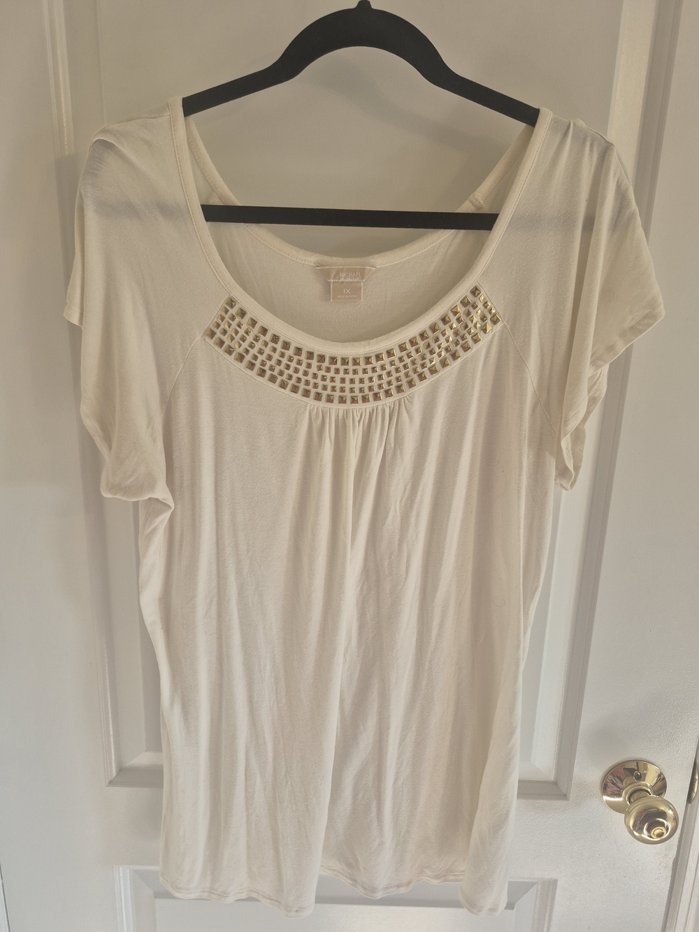 Michael Kors Cream Scoop Neck Short Sleeve Tee with Gold Stud Detail